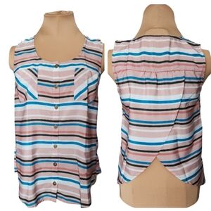 EDGE Striped Sleeveless Blouse Open‎ Back Pink Blue Button Front Small